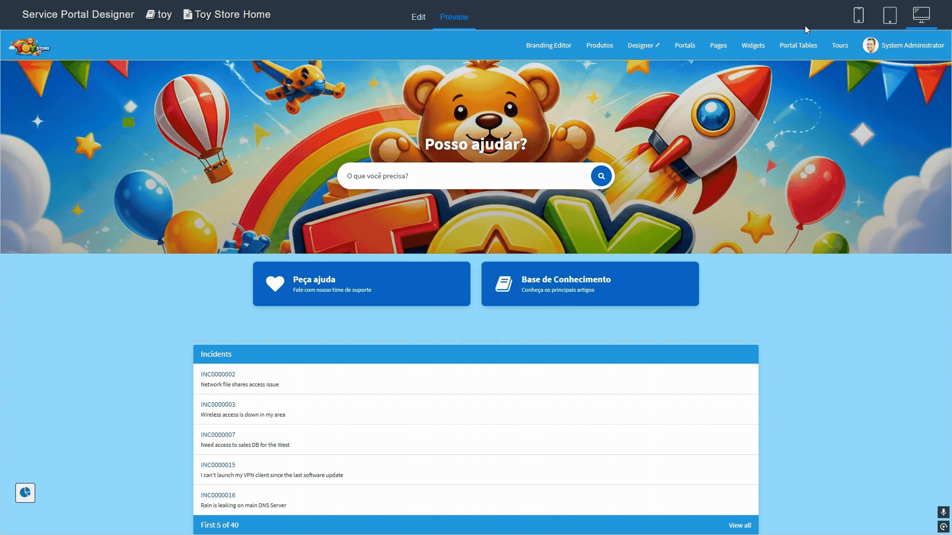 Toy Store Service Portal preview in ServiceNow